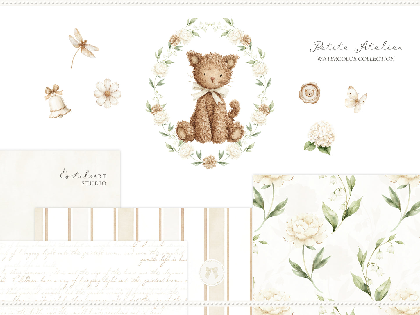 Petite Atelier - Clipart, Heirloom Baby Toys, Vintage Nursery, Neutral Baby Shower, Plush Toys | 105 PNG/JPEG