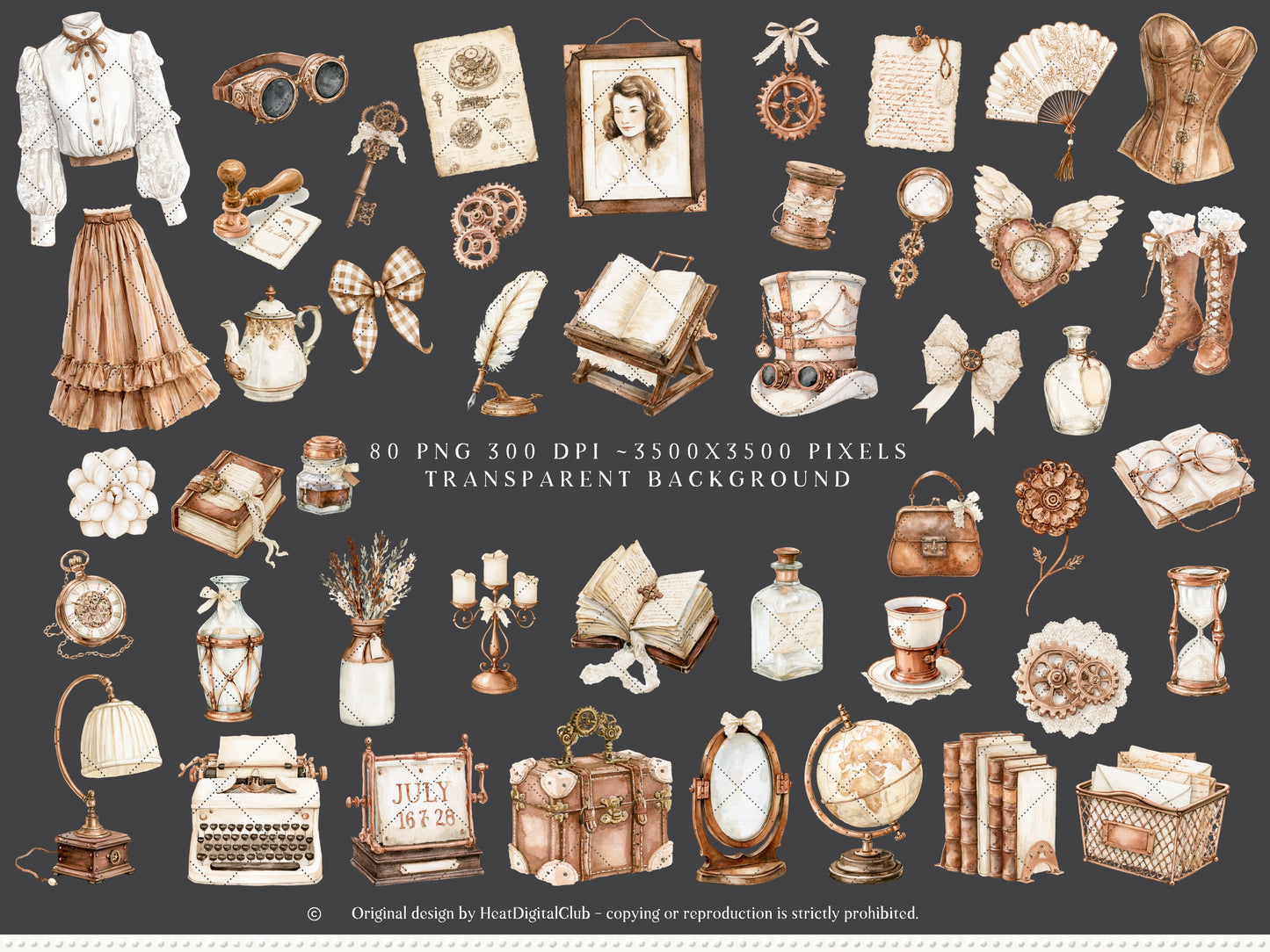 Soft Steampunk - Clipart, Feminine Steampunk, Victorian Clip Art Ephemera, Books, Fantasy | 90 PNG/JPEG