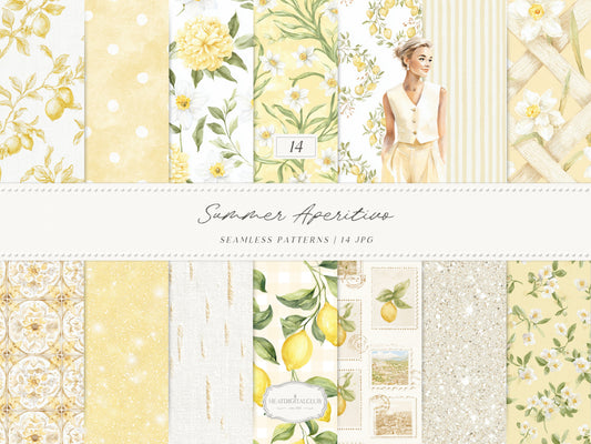 Summer Aperitivo - Seamless Patterns, Italian Citrus Patterns, Lemon Toile Floral Stripe Gingham | 14 JPEG