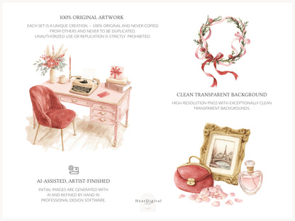 Heart to Heart - Valentine's Day Clipart, Cute Animals, Hearts, Bows, Romantic Love | 70 PNG