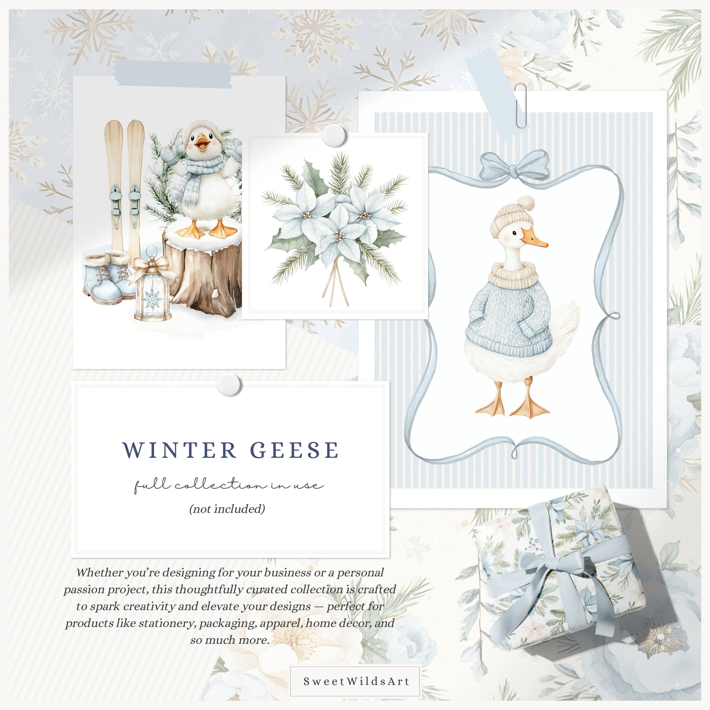 Winter Geese - Winter Seamless Patterns, Soft Blue Beige Plaid, Stripes | 20 JPEG