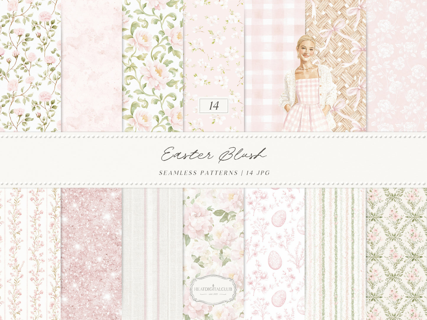 Easter Blush - Seamless Patterns, Chinoiserie Spring, Elegant Light Pink Floral | 14 JPEG