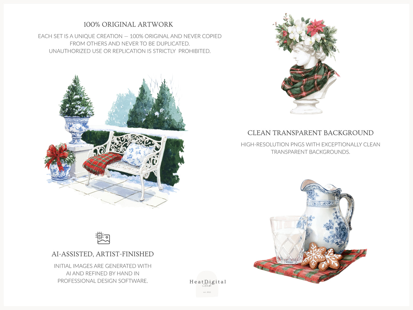 Chinoiserie Holidays - Clipart Set, Christmas, Tartan, Elegant Grandmillennial Winter | 66 PNG