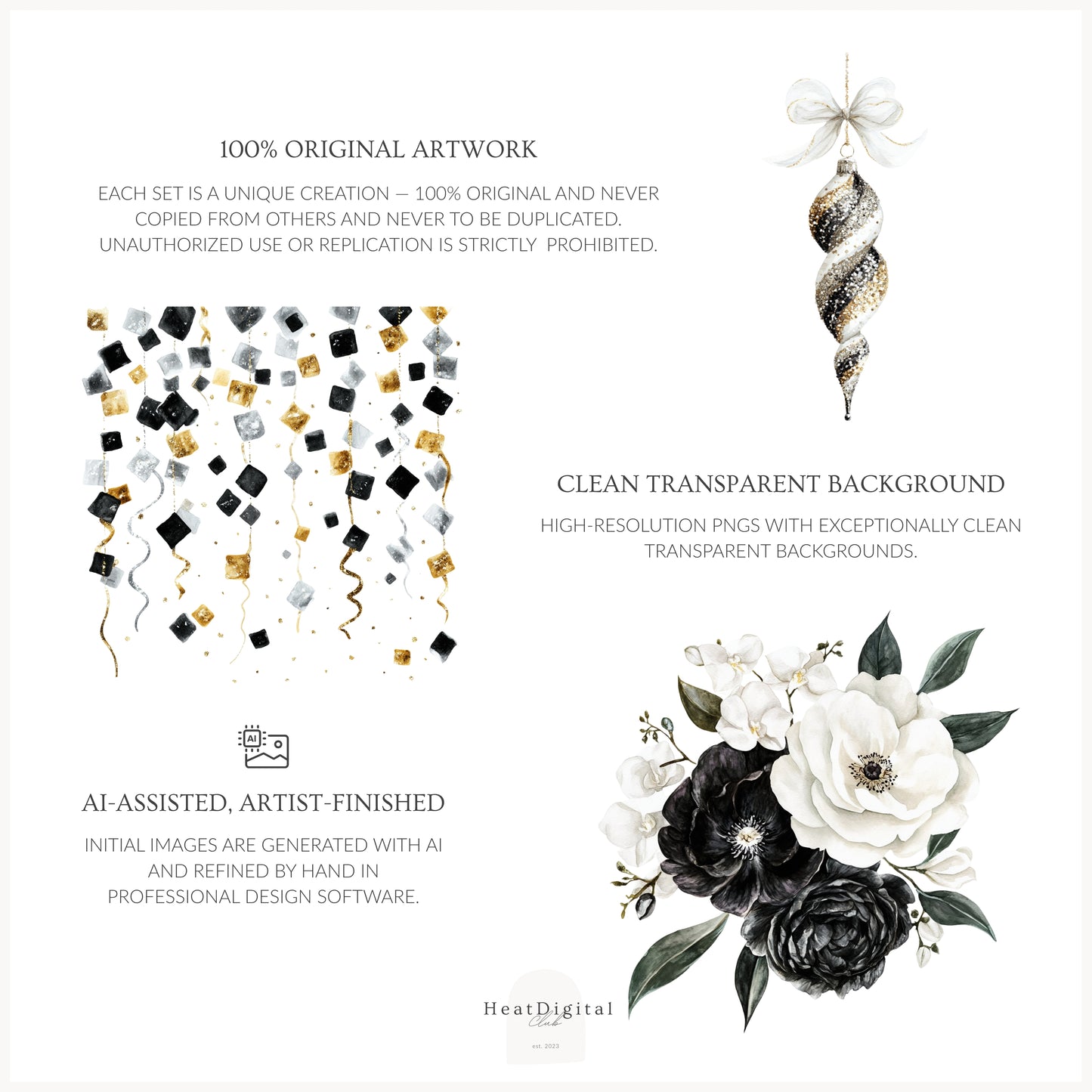 Happy New Year - Floral Arrangements Clipart, Black White Gold, Holiday Bouquet | 20 PNG