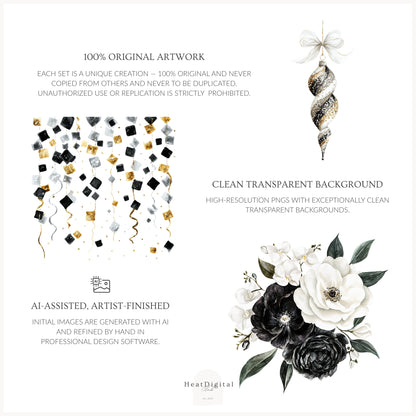 Happy New Year - Floral Arrangements Clipart, Black White Gold, Holiday Bouquet | 20 PNG
