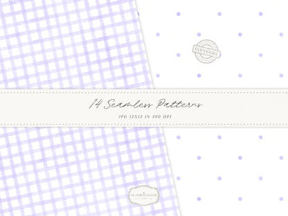 Grandmillennial Set 7 - Seamless Patterns, Lavender Floral, Purple Stripe, Plaid, Elegant Botanical Patterns | 14 JPEG