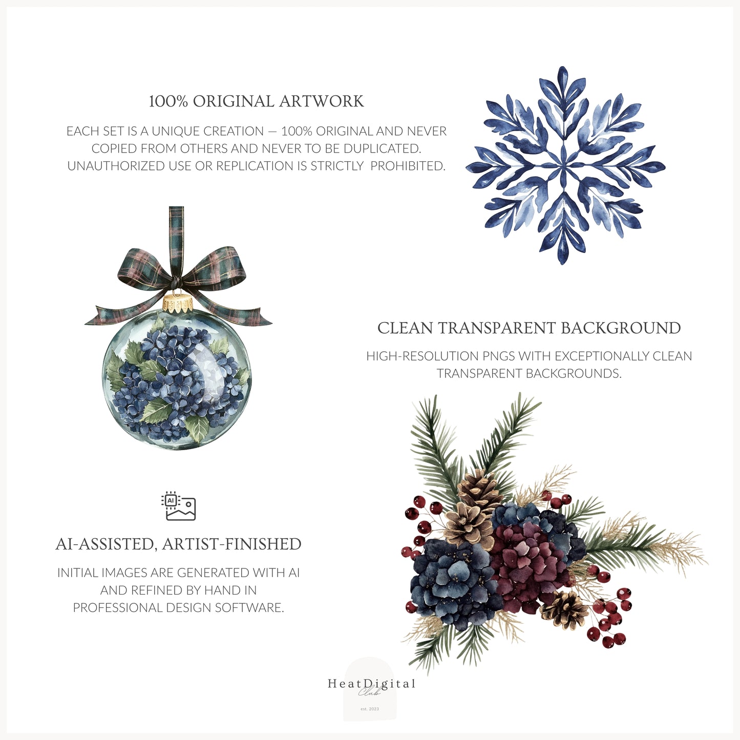 Winter Elegance - Watercolor Floral Arrangements, Christmas Hydrangea | 23 PNG