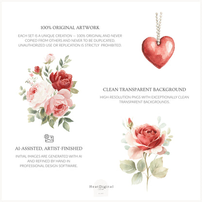 Heart to Heart - Valentine's Day Floral Arrangements Clipart, Valentine Roses, Romantic | 25 PNG