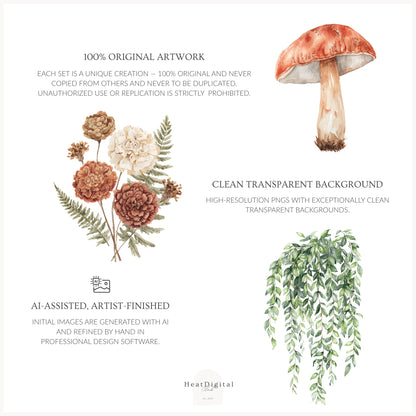 Mushroom Garden - Floral Arrangements, Mushroom Flowers, Forest Botanical Clipart, Cottagecore Florals | 20 PNG
