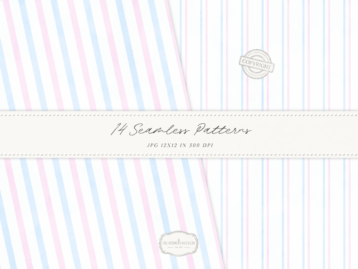 Grandmillennial Set 5 - Seamless Patterns, Pastel Floral, Stripes, Plaid, Pink & Blue Digital Repeating Pattern | 14 JPEG