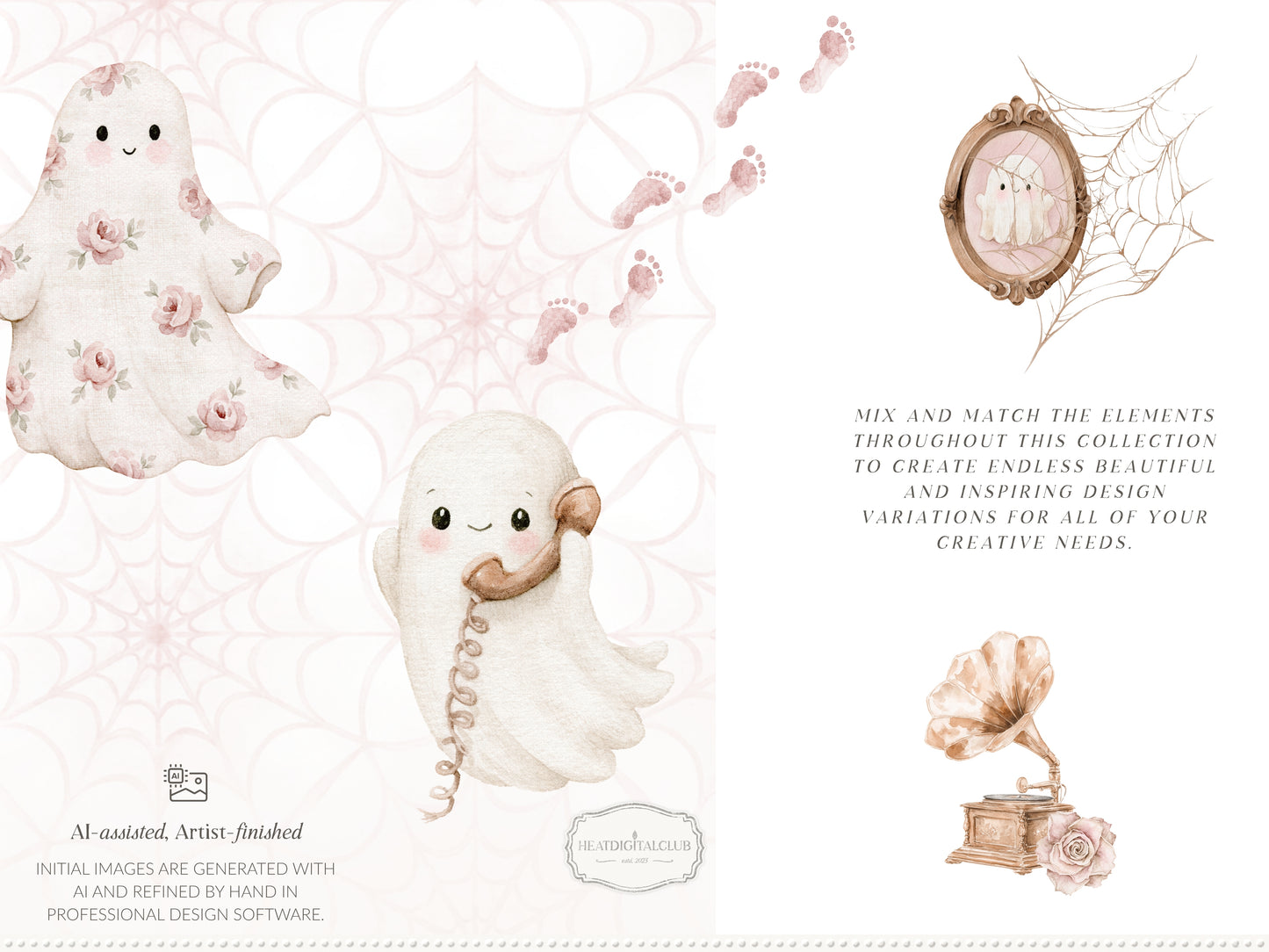 Ghost Room - Watercolor Pink Halloween Clipart and Seamless Patterns Bundle | 68 PNG/JPEG
