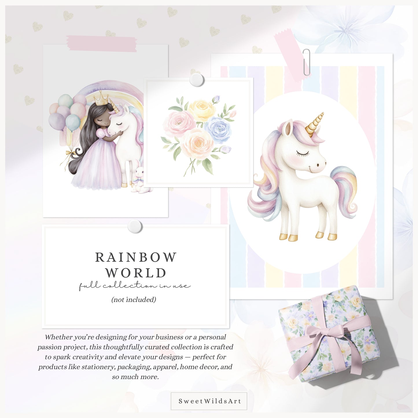Rainbow World -  Collection Bundle, Fairytale Unicorns, Princess, Patterns & Florals | 90 PNG/JPEG