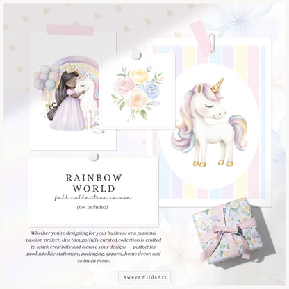 Rainbow World -  Collection Bundle, Fairytale Unicorns, Princess, Patterns & Florals | 90 PNG/JPEG