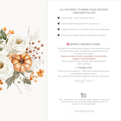 Born In Fall - Floral Arrangements Clipart, Autumn, Pumpkins, Soft Orange & Brown | 12 PNG
