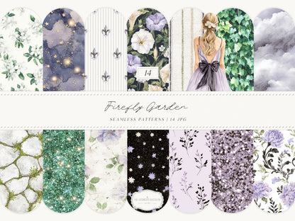 Firefly Garden - Seamless Patterns, Summer Lavender Night Sky, Botanical Patterns, Cottagecore | 14 JPEG