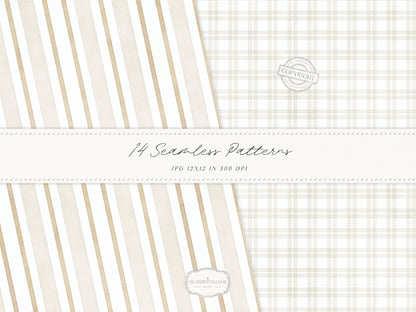 Grandmillennial Set 8 - Seamless Patterns, Beige Neutral Floral, Estate Botanical, Stripes, Damask Patterns | 14 JPEG