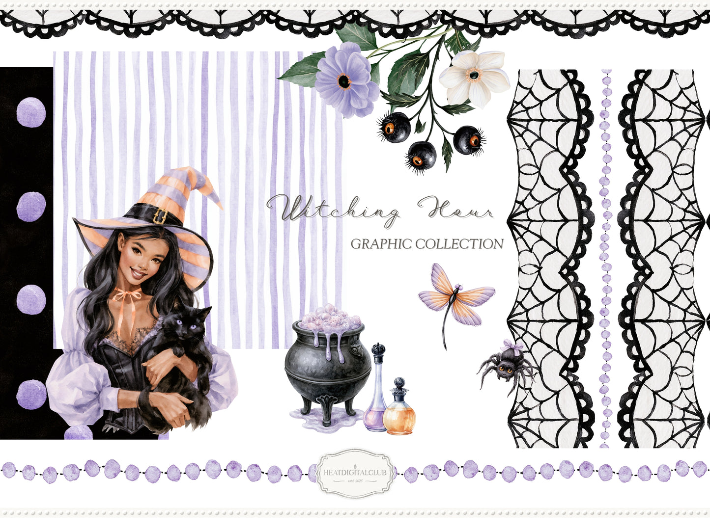 Witching Hour - Watercolor Halloween Clipart & Seamless Patterns Bundle, Spooky Witch Graphics | 94 PNG/JPEG