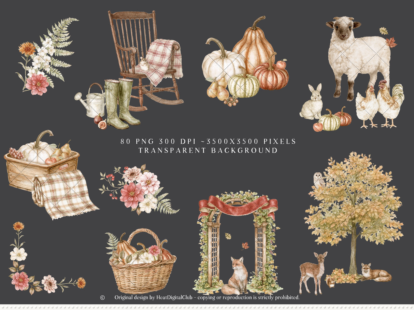 Autumn Menagerie - Watercolor Fall Clipart and Seamless Patterns Bundle, Rustic Garden Graphics | 90 PNG/JPEG