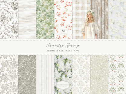 Country Spring - Seamless Patterns, Cottagecore, Strawberry & Lilac Prints, Rustic Neutral | 14 JPEG