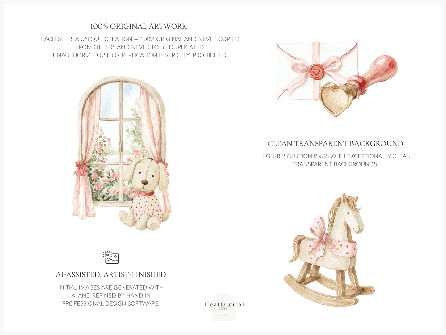 Romantic Atelier - Valentine’s Day Clipart, Cute Vintage Toys, Pink Red Nursery, Love Clipart | 90 PNG/JPEG