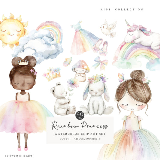 Rainbow Princess - Little Princess Clipart, Unicorn, Pony, Cute Girls | 40 PNG