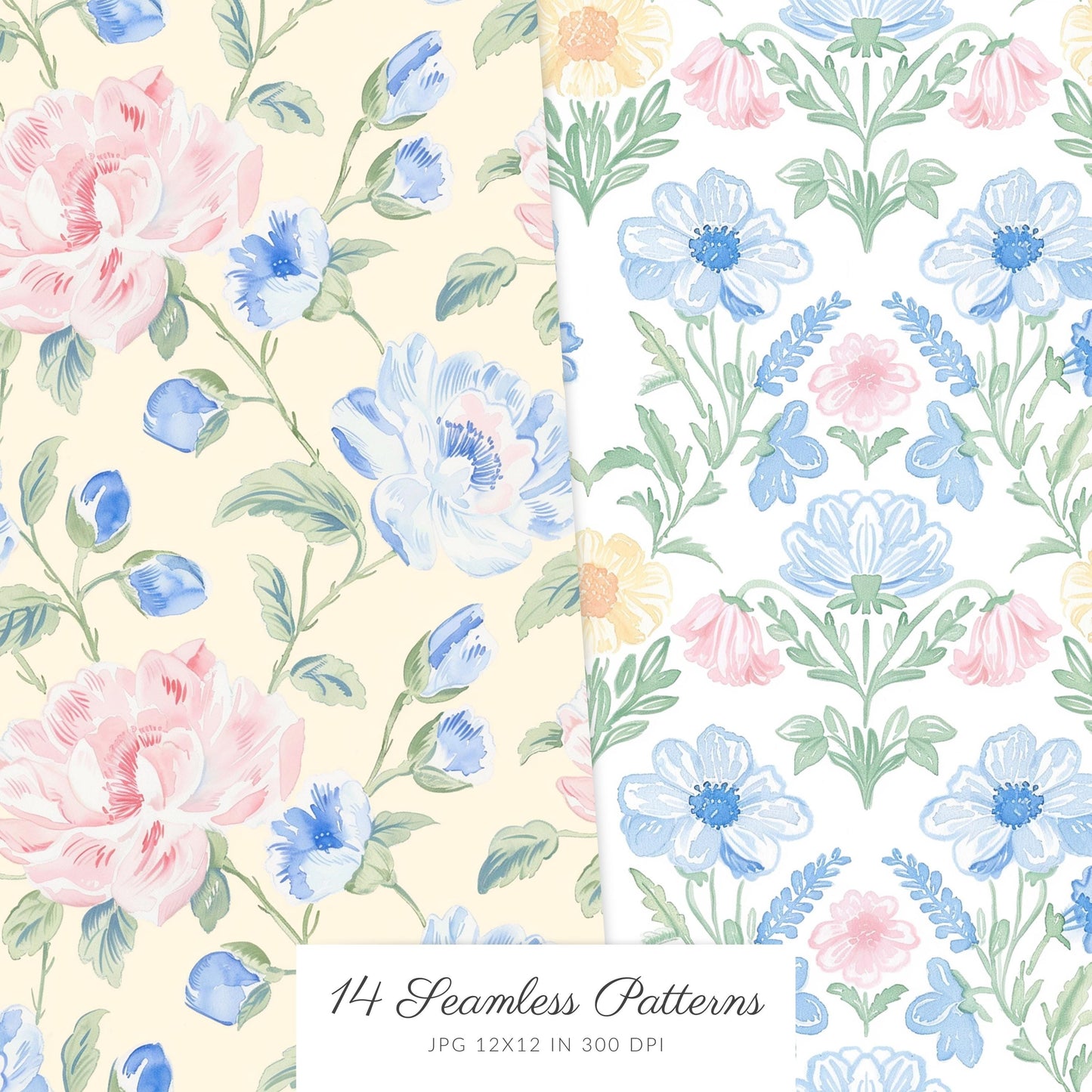 Grandmillennial - Seamless Patterns, Set 2, Pastel Floral, Stripes, Plaid, Glitter | 14 JPEG