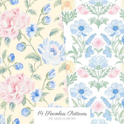 Grandmillennial - Seamless Patterns, Set 2, Pastel Floral, Stripes, Plaid, Glitter | 14 JPEG