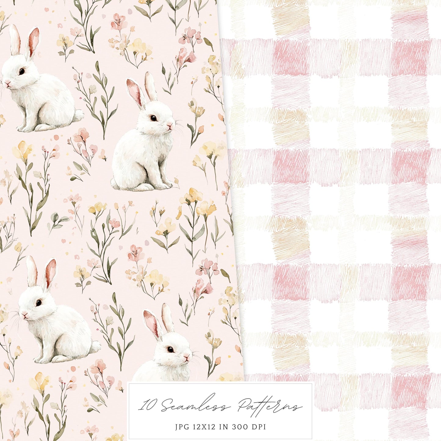 Rustic Easter - Seamless Patterns, Floral, Spring, Bunny | 10 JPEG