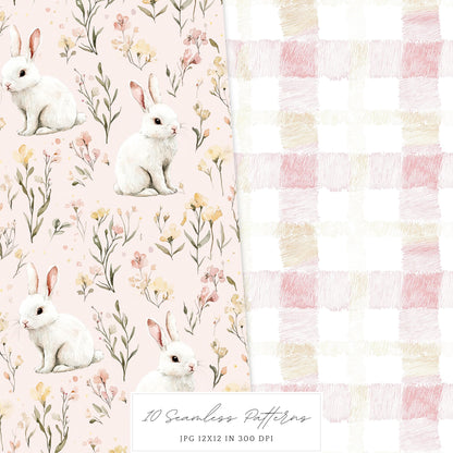 Rustic Easter - Seamless Patterns, Floral, Spring, Bunny | 10 JPEG