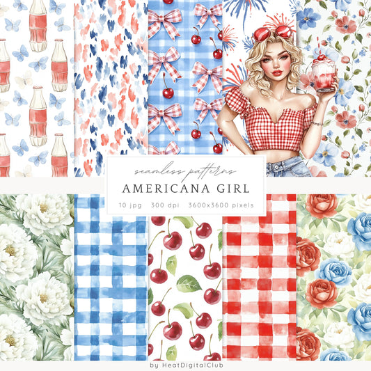 Americana Girl – Seamless Patterns, Gingham, Cherries, Florals | 10 JPG