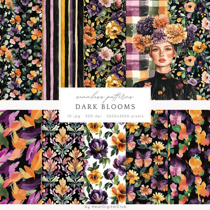 Dark Blooms - Seamless Patterns, Moody Floral, Gothic, Floral | 10 JPEG