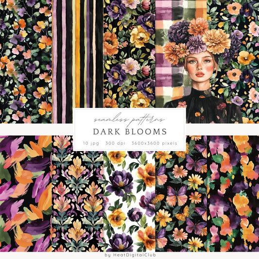 Dark Blooms - Seamless Patterns, Moody Floral, Gothic, Floral | 10 JPEG