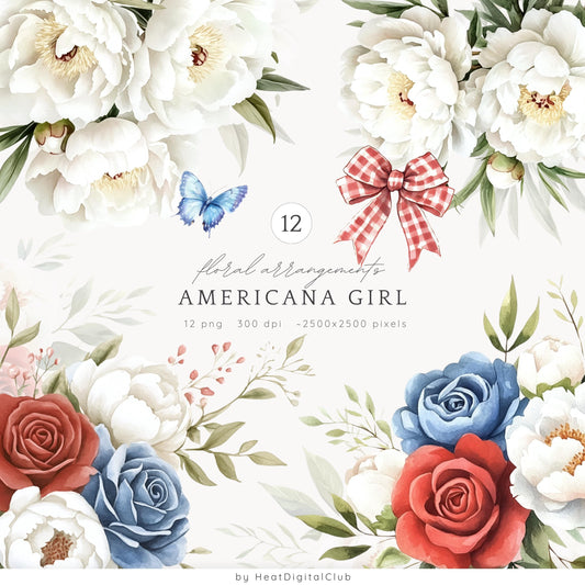Americana Girl – Watercolor Florals, Red, White & Blue | 12 PNG