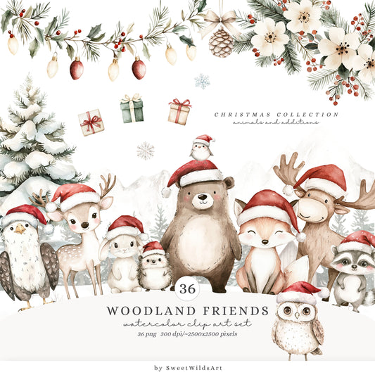 Woodland Friends - Cute Xmas Animals, Christmas Babies Clipart, Winter | 36 PNG