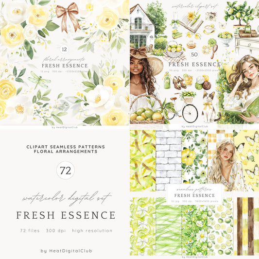 Fresh Essence - Collection Bundle, Cozy Spring Clipart, Floral, Citrus | 72 PNG/JPEG