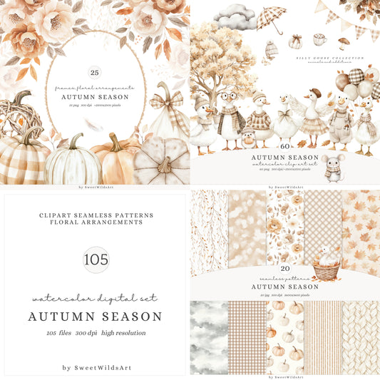 Autumn Season - Collection Bundle, Cute Fall Silly Goose, Baby Shower | 105 PNG/JPEG