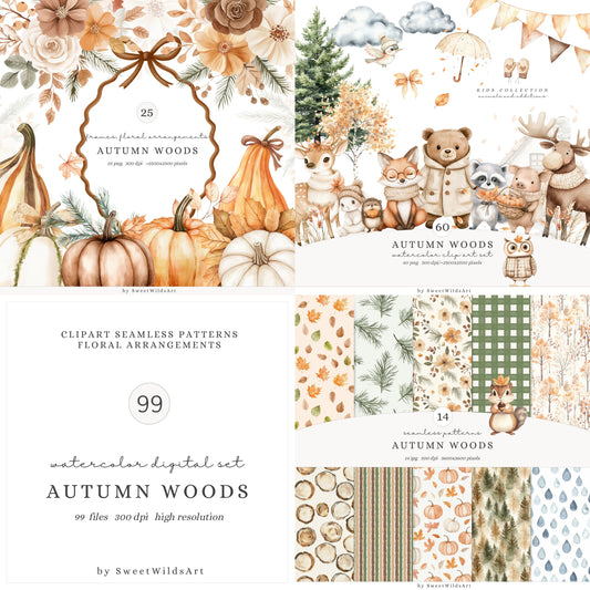 Autumn Woods - Collection Bundle, Woodland Animals, Cute Fall Forest | 99 PNG/JPEG