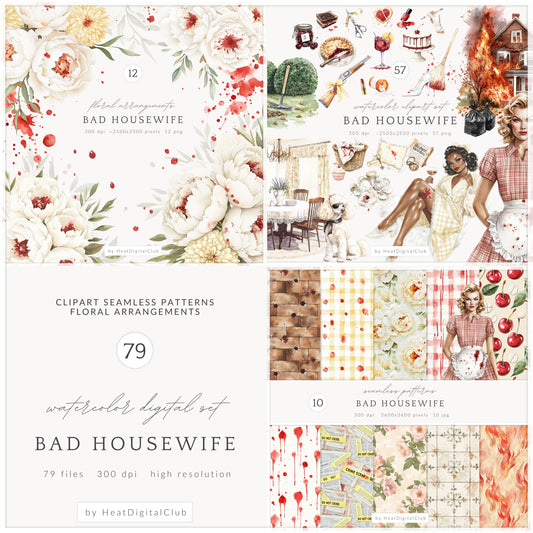 Bad Housewife - Collection Bundle, Retro Halloween, Domestic Horror | 79 PNG/JPEG
