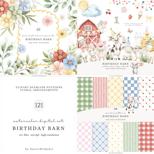 Birthday Barn - Collection Bundle, Farm Animal, Kids Party, Cow, Pig | 121 PNG/JPEG