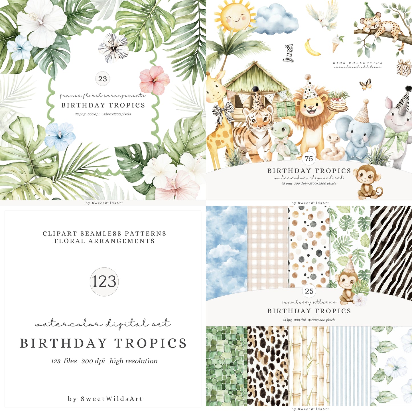 Birthday Tropics - Collection Bundle, Jungle, Baby Animals, Tropical | 123 PNG/JPEG