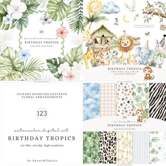 Birthday Tropics - Collection Bundle, Jungle, Baby Animals, Tropical | 123 PNG/JPEG