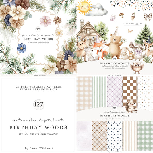 Birthday Woods - Collection Bundle, Woodland Animals , Cute Baby | 127 PNG/JPEG
