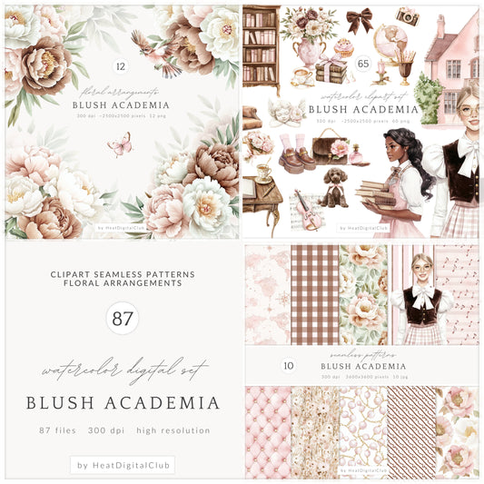 Blush Academia - Collection Bundle, Light Academia, Study Girls, Books | 87 PNG/JPEG