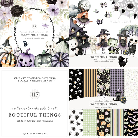 Bootiful Things - Collection Bundle, Cute Halloween, Witch, Ghosts | 117 PNG/JPEG