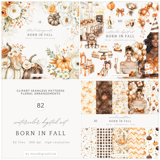 Born In Fall - Collection Bundle, Birthday Girl, Autumn, Cakes & Gifts, Birthday | 82 PNG/JPEG