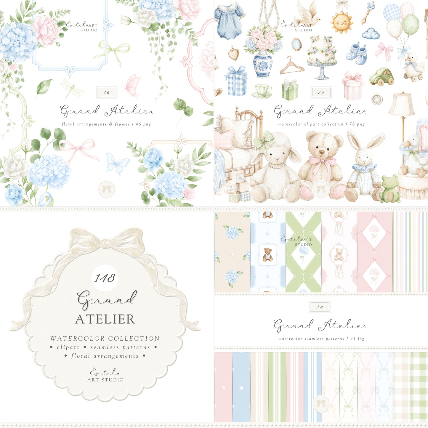 Grand Atelier - Bundle, Baby Clipart, Floral, Seamless Patterns, Vintage Toys, Grandmillennial Nursery | 148 PNG/JPEG