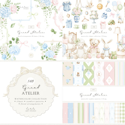 Grand Atelier - Bundle, Baby Clipart, Floral, Seamless Patterns, Vintage Toys, Grandmillennial Nursery | 148 PNG/JPEG