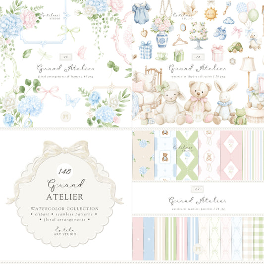 Grand Atelier - Bundle, Baby Clipart, Floral, Seamless Patterns, Vintage Toys, Grandmillennial Nursery | 148 PNG/JPEG