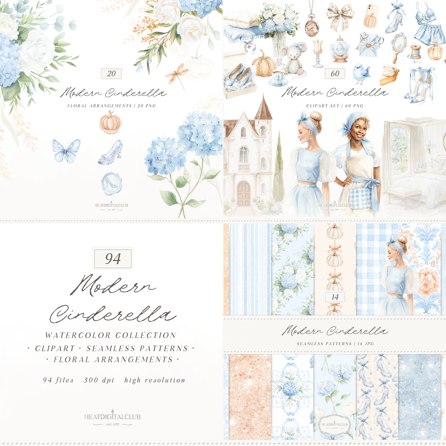 Modern Cinderella - Clipart Bundle, Cottagecore, Fantasy, Cinderella Clip art, Fairytale | 94 PNG/JPEG