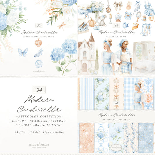 Modern Cinderella - Clipart Bundle, Cottagecore, Fantasy, Cinderella Clip art, Fairytale | 94 PNG/JPEG